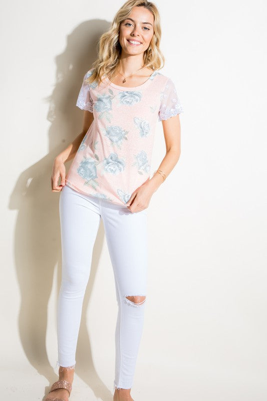 FLORAL TRIBLEND EMBRODERY LACE TOP