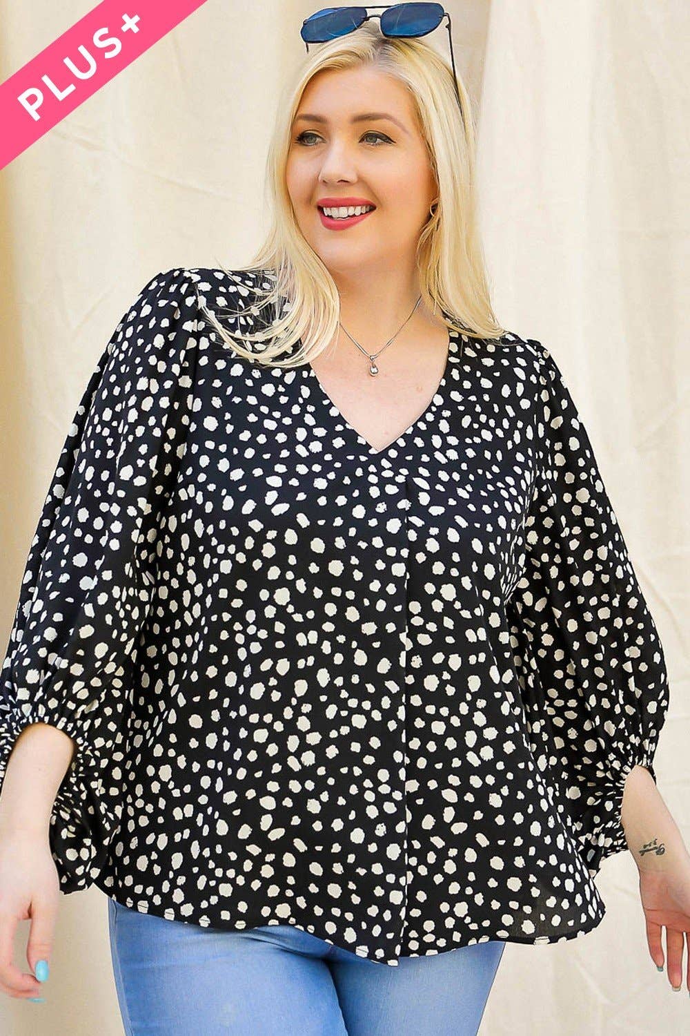 PRINT V-NECK PUFF SLEEVE TOP