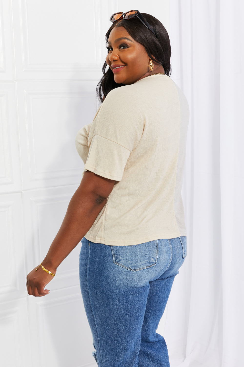 AMOLI Full Size Better Together Cinched Color Block Top