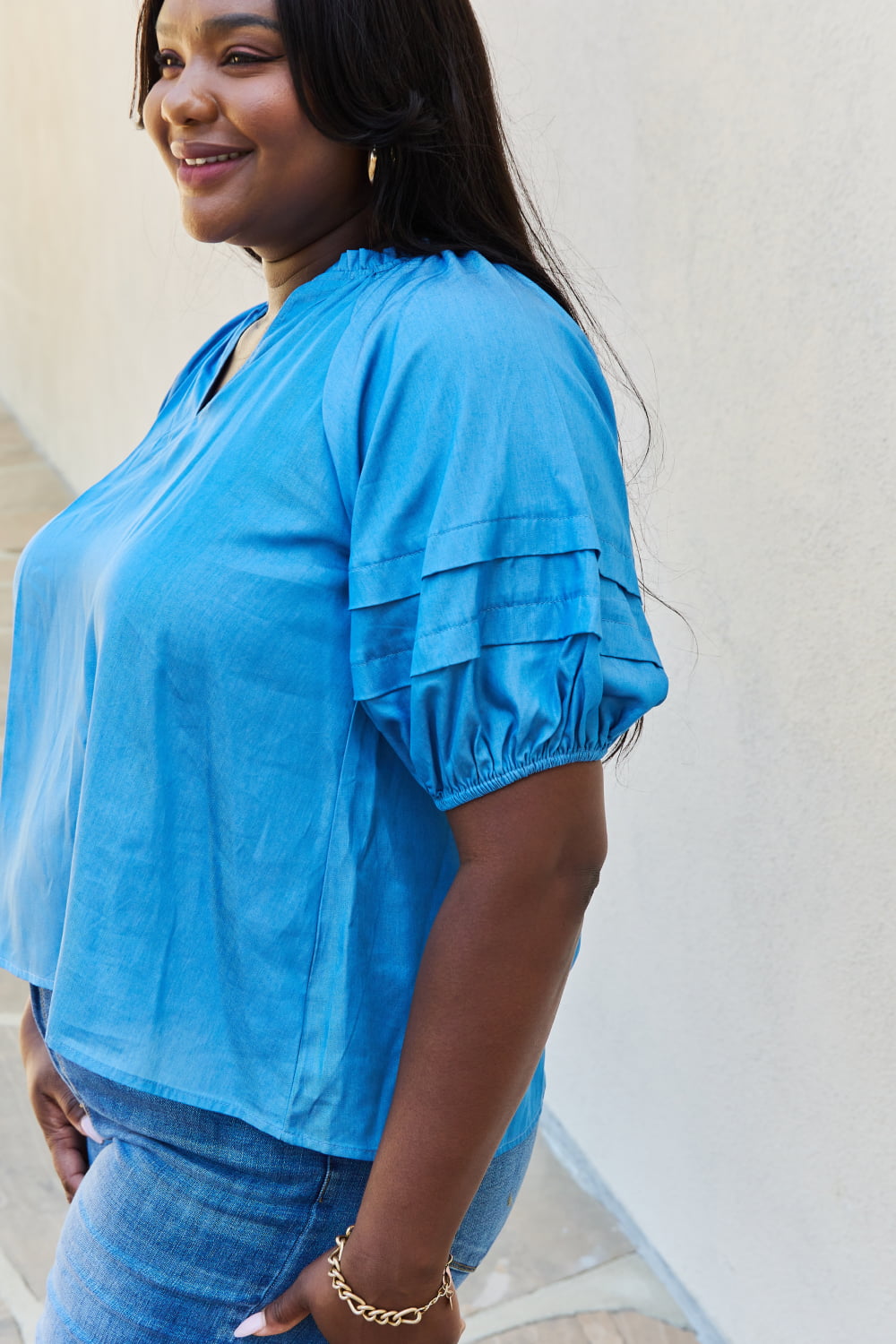 Petal Dew So Lovely Full Size Ruffle Sleeve V-Neck Top in Cobalt Blue
