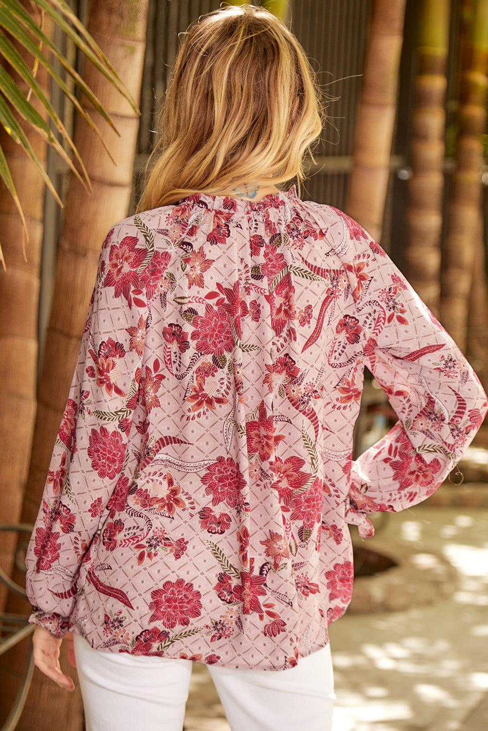 Floral Frill Trim Tied Flounce Sleeve Blouse