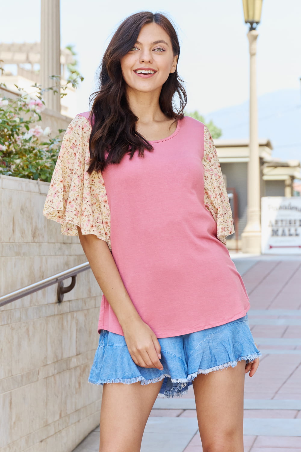 Celeste All My Love Full Size Floral Contrast Wing Sleeve Top