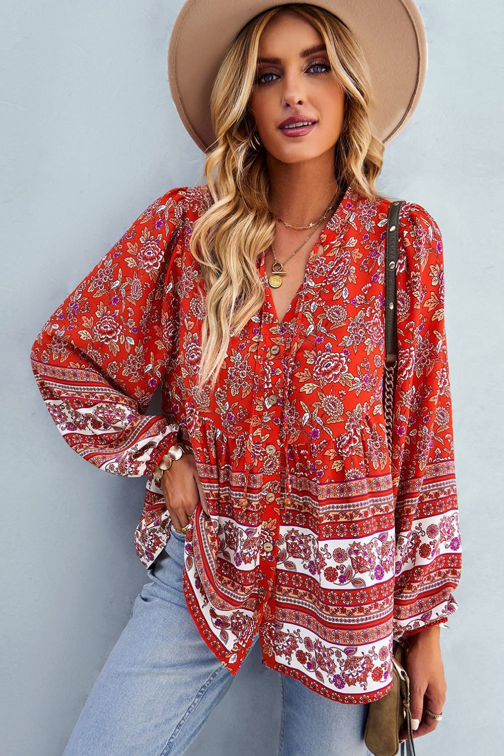 Bohemian Tie Neck Balloon Sleeve Top