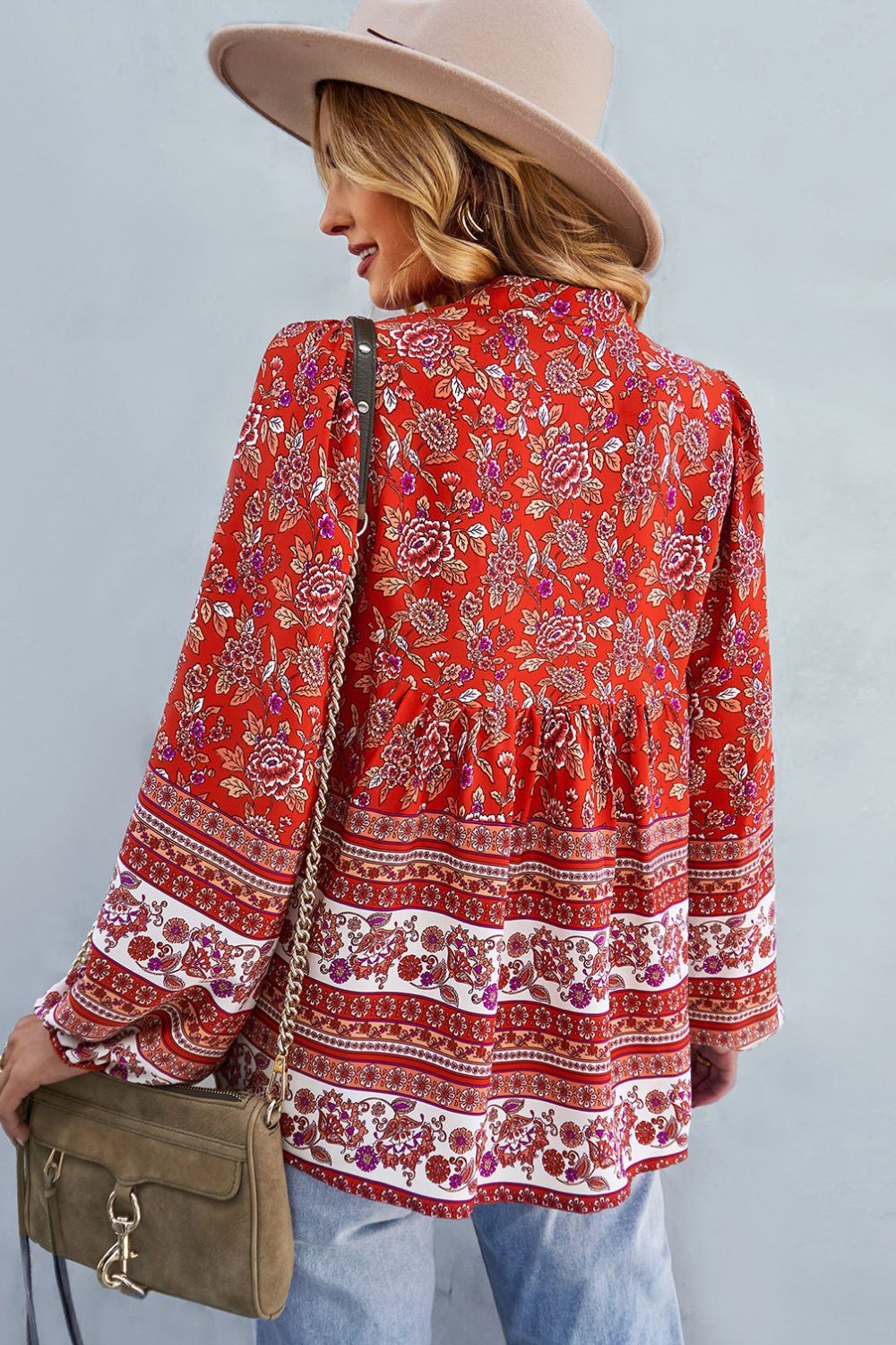 Bohemian Tie Neck Balloon Sleeve Top