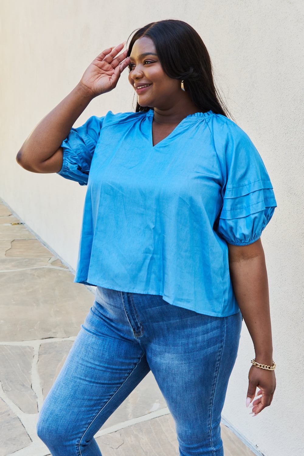 Petal Dew So Lovely Full Size Ruffle Sleeve V-Neck Top in Cobalt Blue