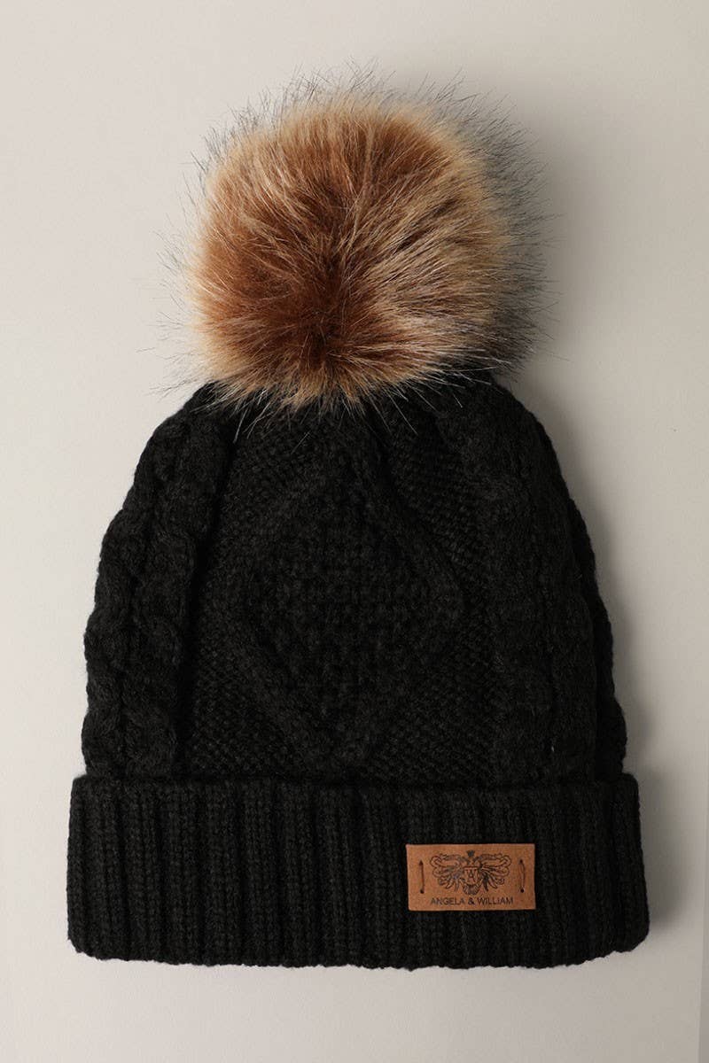 Black Winter Fleece Lining Knitted Pom Pom Beanie Hat