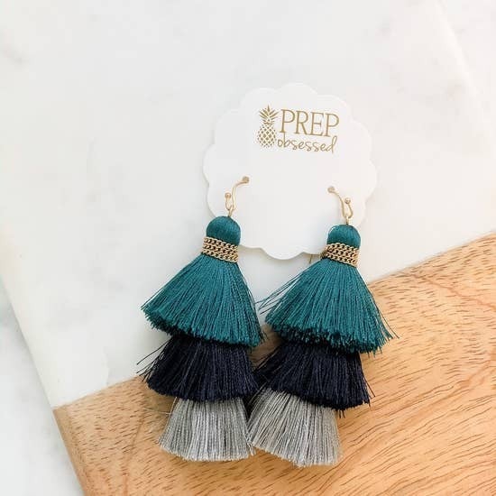 Teal Layered Tassel Earrings