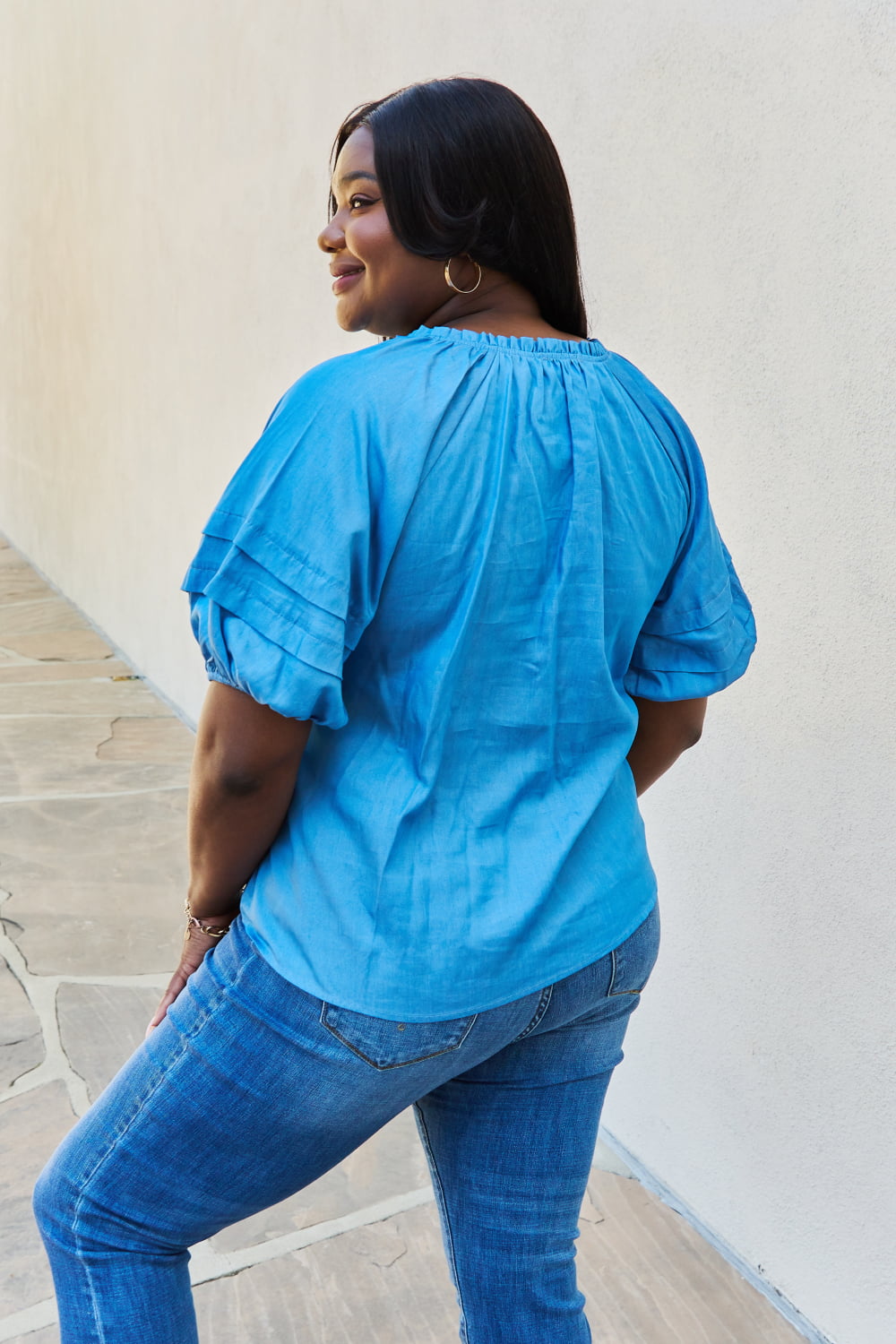 Petal Dew So Lovely Full Size Ruffle Sleeve V-Neck Top in Cobalt Blue