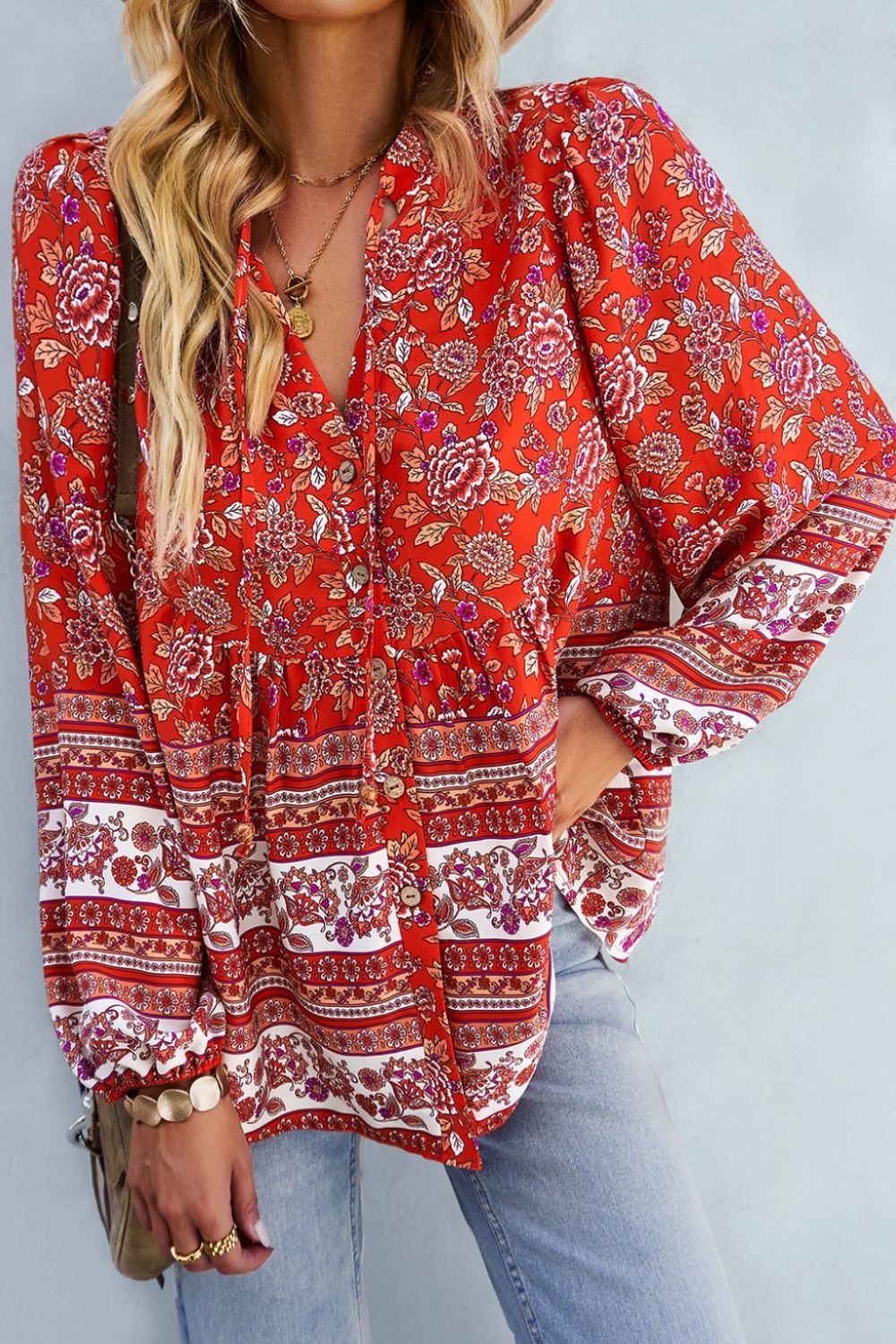 Bohemian Tie Neck Balloon Sleeve Top