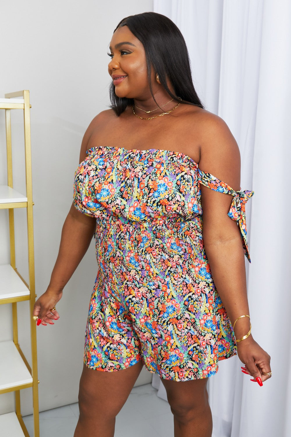 White Birch Floral Tied Smocked Off-Shoulder Romper