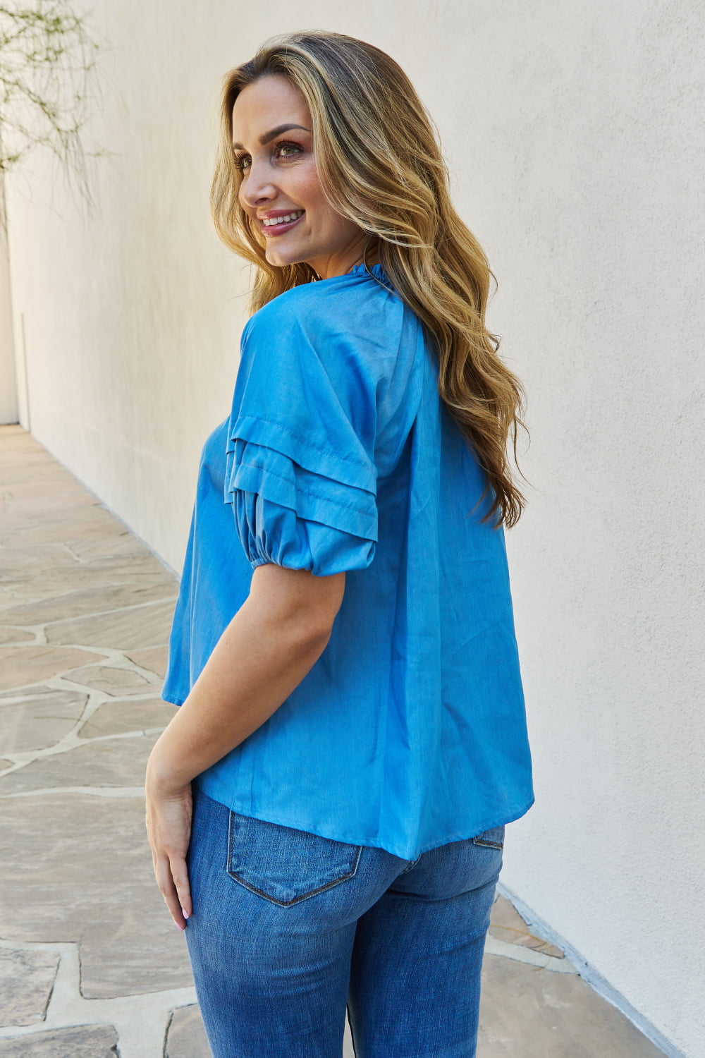 Petal Dew So Lovely Full Size Ruffle Sleeve V-Neck Top in Cobalt Blue