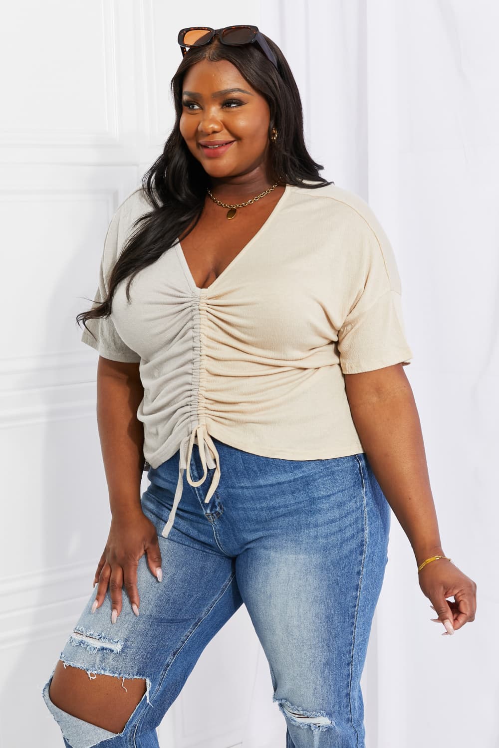 AMOLI Full Size Better Together Cinched Color Block Top