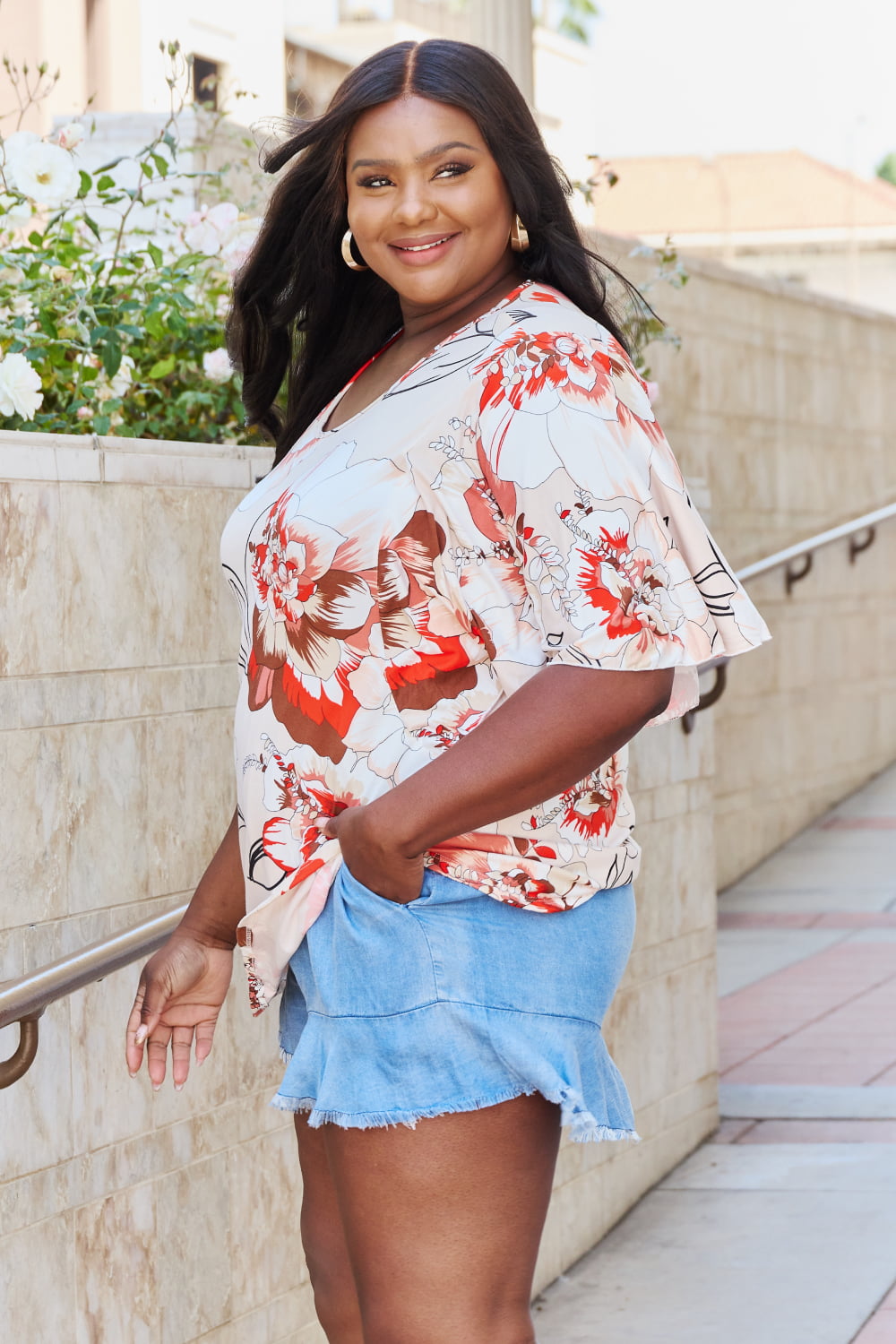 Celeste Your Muse Full Size Floral Printed Winge Sleeve Top