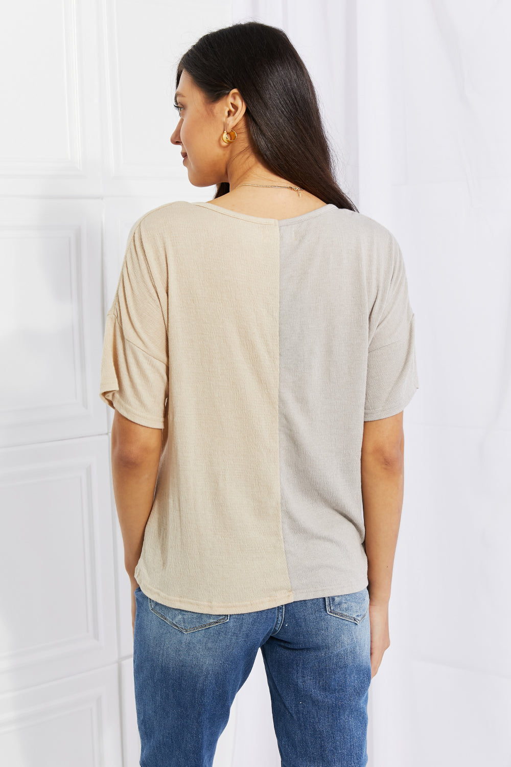 AMOLI Full Size Better Together Cinched Color Block Top
