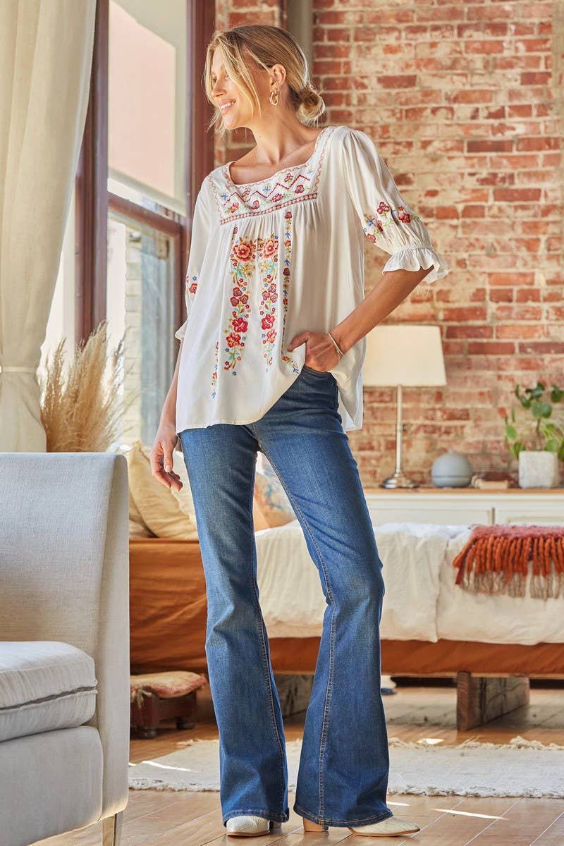 Embroidered Square Neck Top