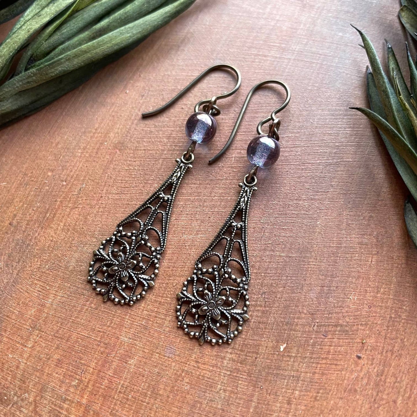 Vintage Style Earrings - Amethyst Filigree Pendant & Niobium