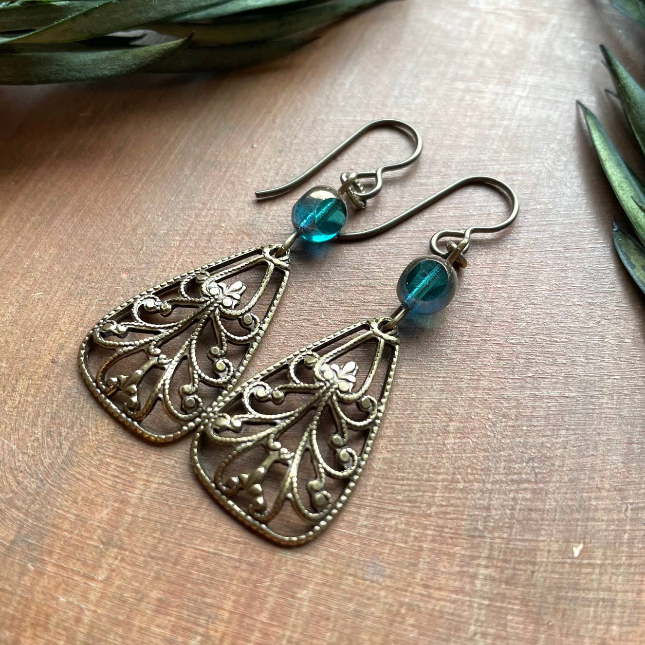 Art Nouveau Filigree Pendant Earrings - Bronze & Teal Green