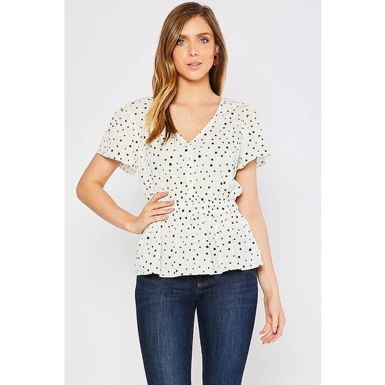 POLKA DOT PEPLUM SHORT SLEEVE BLOUSE