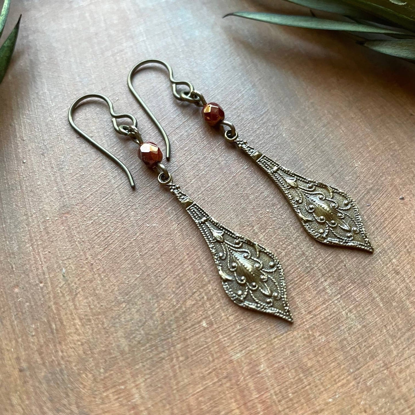 Edwardian Holiday Earrings -  Red Glass & Antiqued Brass