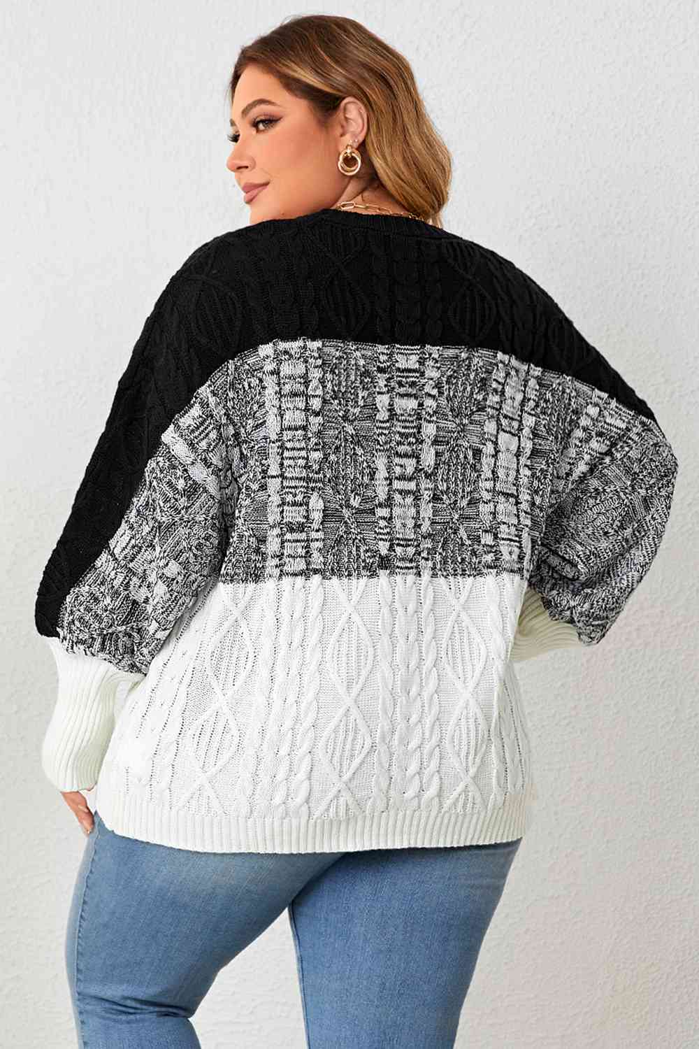 Plus Size Color Block Round Neck Cable-Knit Sweater