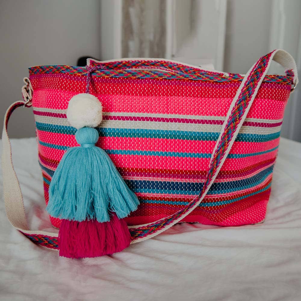Radiant Pink Stitched Weekender Bag With Tassel