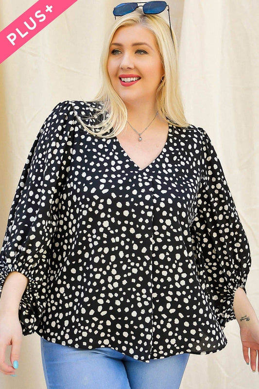 PRINT V-NECK PUFF SLEEVE TOP