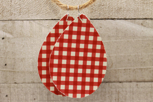 Red Gingham Teardrop Faux Leather Earrings