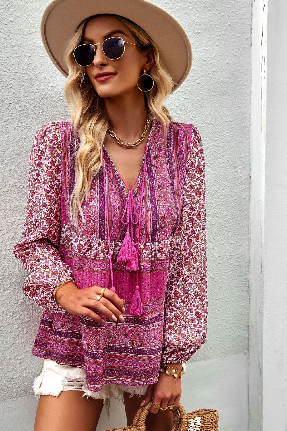 Bohemian Tassel Tie Puff Sleeve Blouse