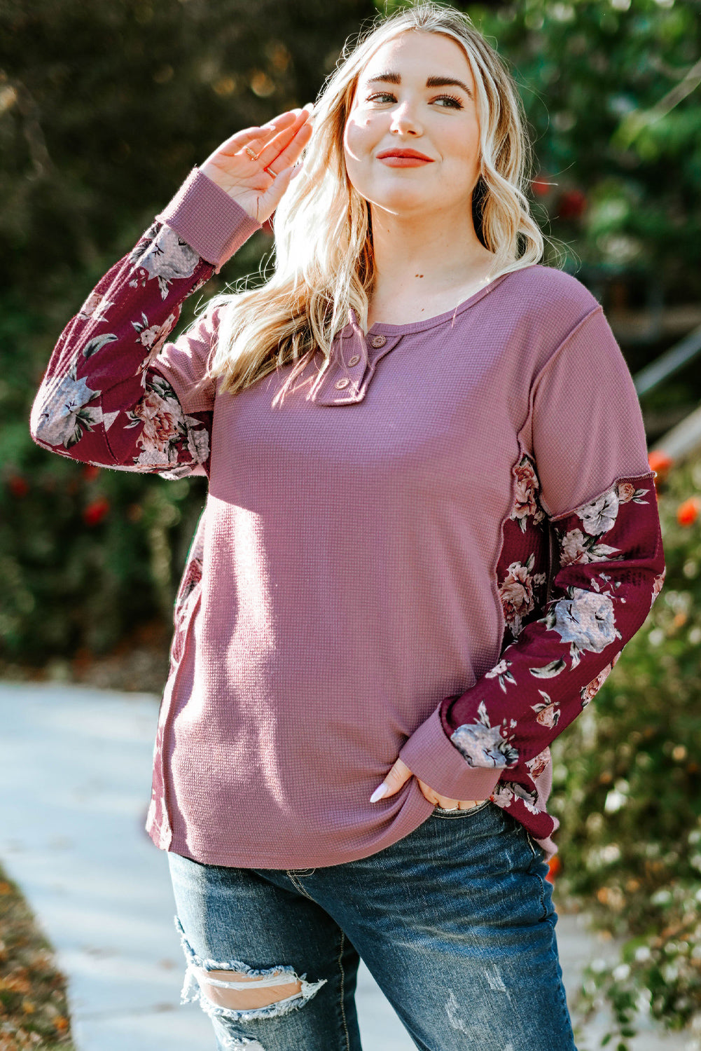 Plus Size Floral Exposed Seam Quarter-Button Henley Top