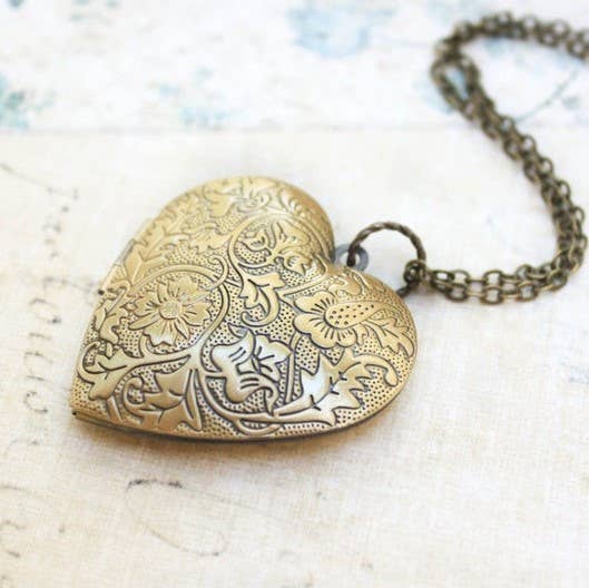 Large Heart Locket Necklace - Antiqued Gold Floral