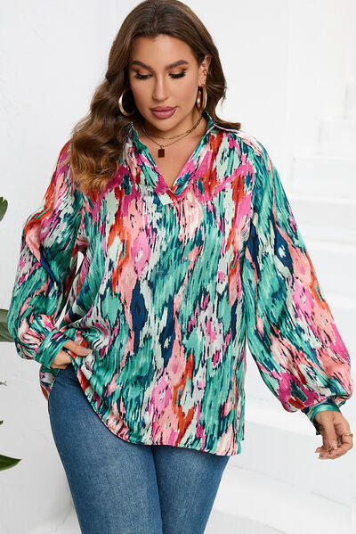 Plus Size Printed Johnny Collar Long Sleeve Blouse
