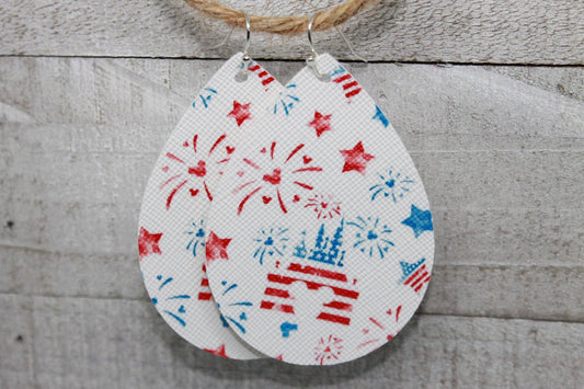 Patriotic Mouse & Castle Teardrop Faux Leather Earrings