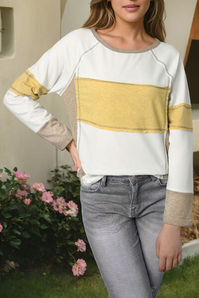 Contrast Stitching Color Block Long Sleeve T-Shirt
