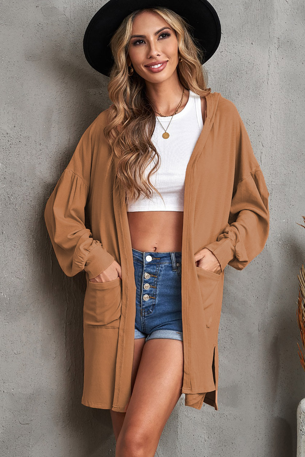 Open Front Hooded Longline Cardigan with Pockets