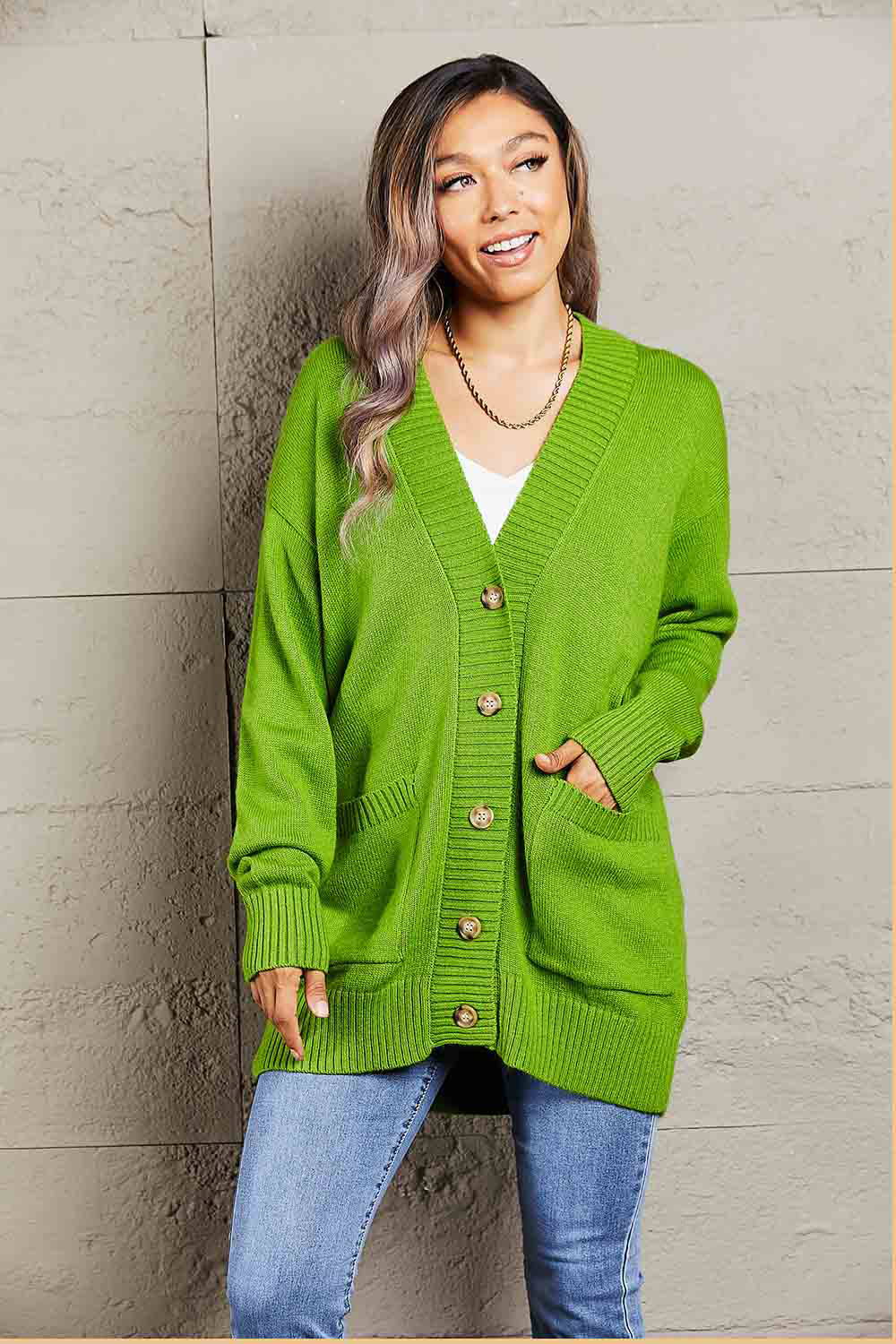 Double Take Ribbed Trim Dropped Shoulder Pocketed Cardigan