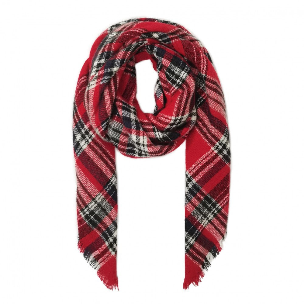 Red Knit Plaid Blanket Scarf