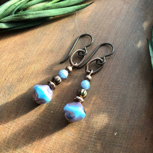 Rustic Copper and Czech Glass Earrings - Blue Dangle Drop