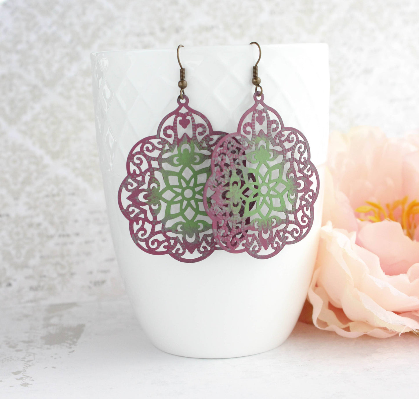 Berry And Green Filigree Earrings