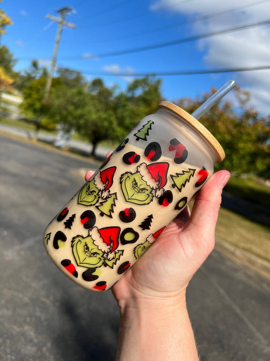 Grinch Leopard Glass Cup