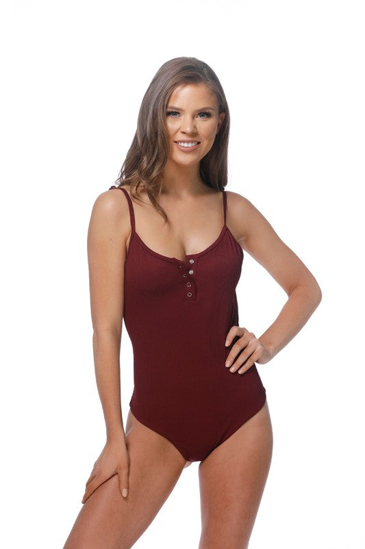 SOLID RIPPBED ONE PIECE SWIMSUIT WITH BUTTON