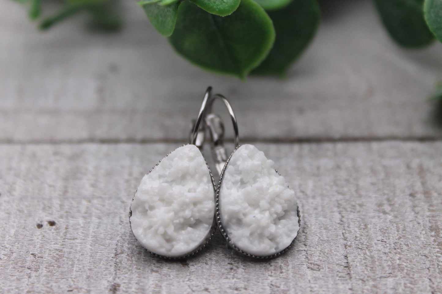 White Druzy French Lever Earrings