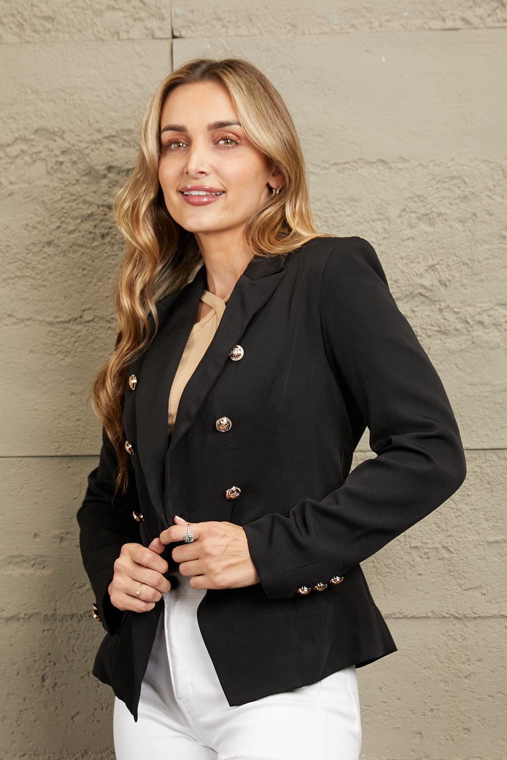 Double Take Double-Breasted Padded Shoulder Blazer