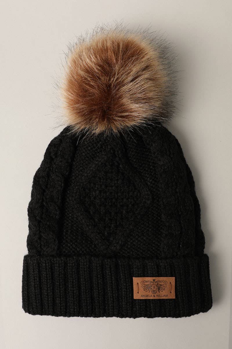 Black Winter Fleece Lining Knitted  Pom Pom Beanie Hat