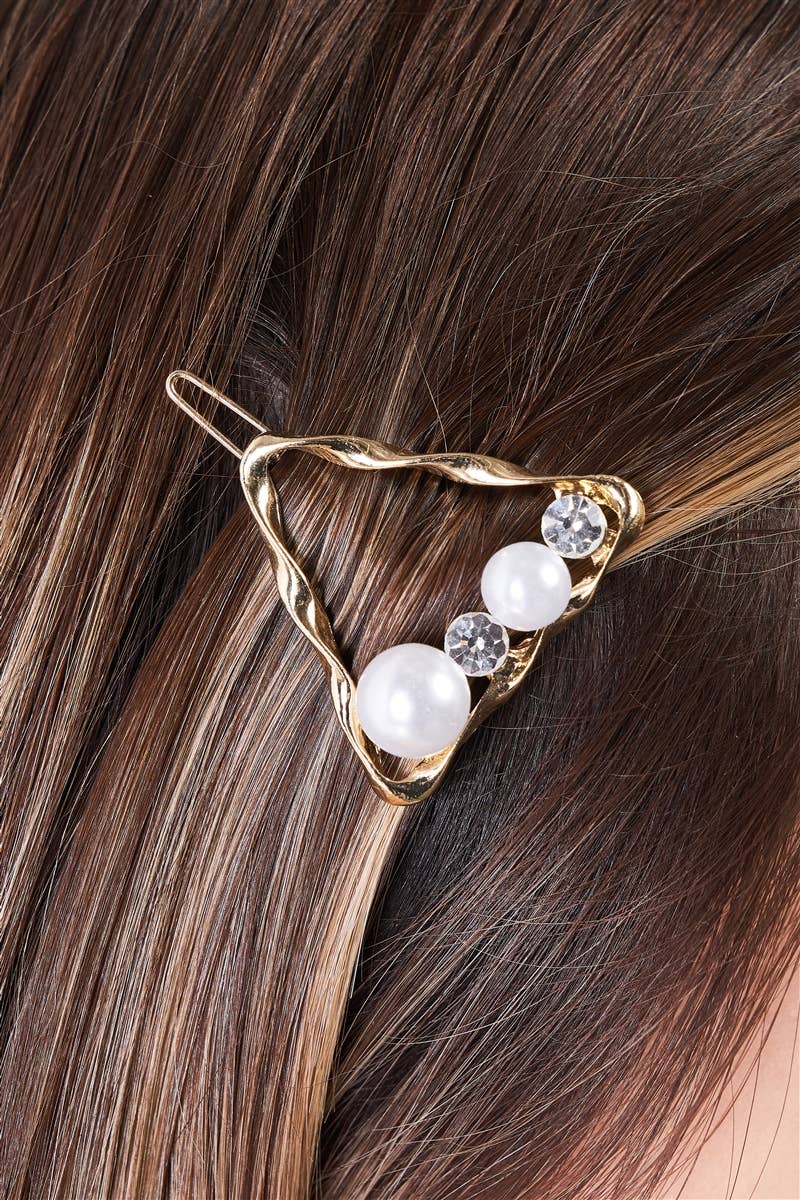 Gold Twisted Triangle Shaped Pearl & Faux Diamond Hair Clip