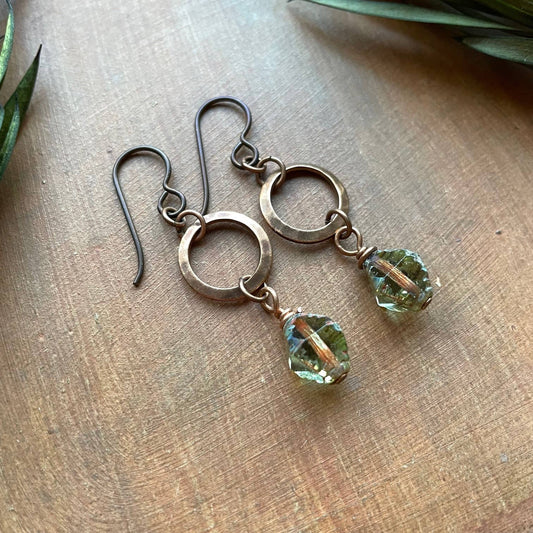 Earthy Niobium Earrings - Chunky Rustic Green Bead & Copper