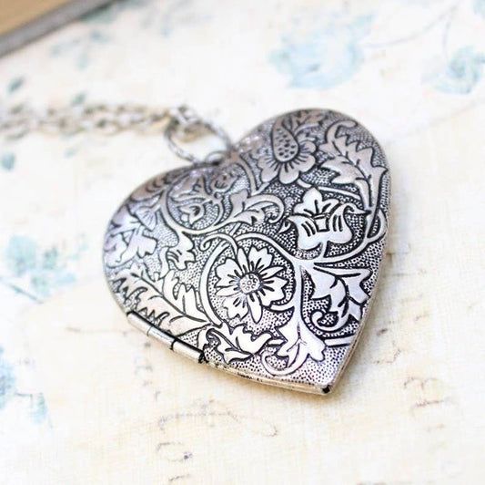 Large Heart Locket Necklace - Antiqued Silver Floral