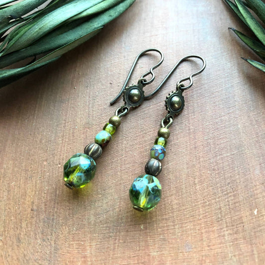 Spring Green Filigree Bead Earrings - Modern Old World Style