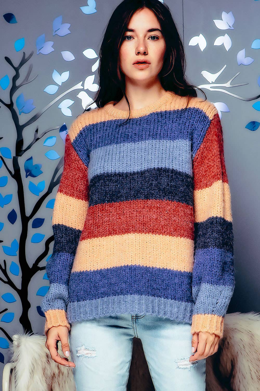 CHUNKY KNIT MULTI COLOR BLOCK STRIPED SWEATER