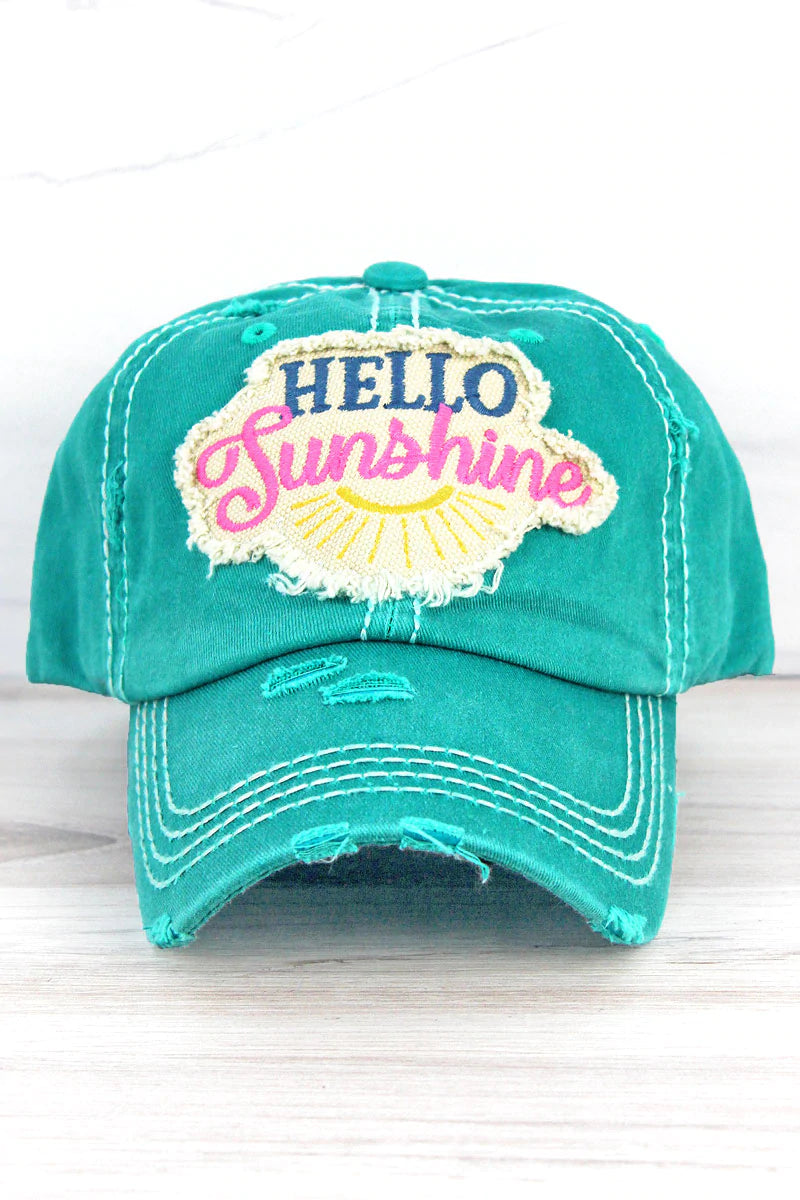 DISTRESSED TURQUOISE 'HELLO SUNSHINE' CAP