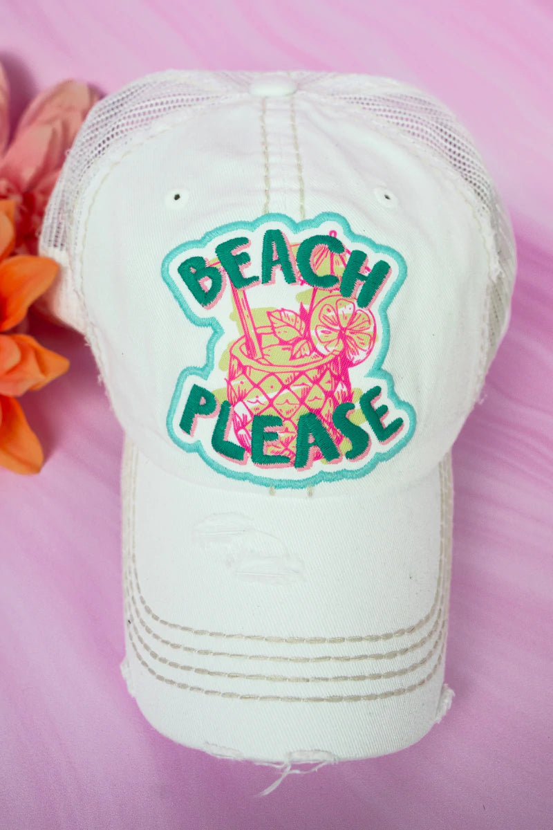DISTRESSED WHITE 'BEACH PLEASE' MESH CAP